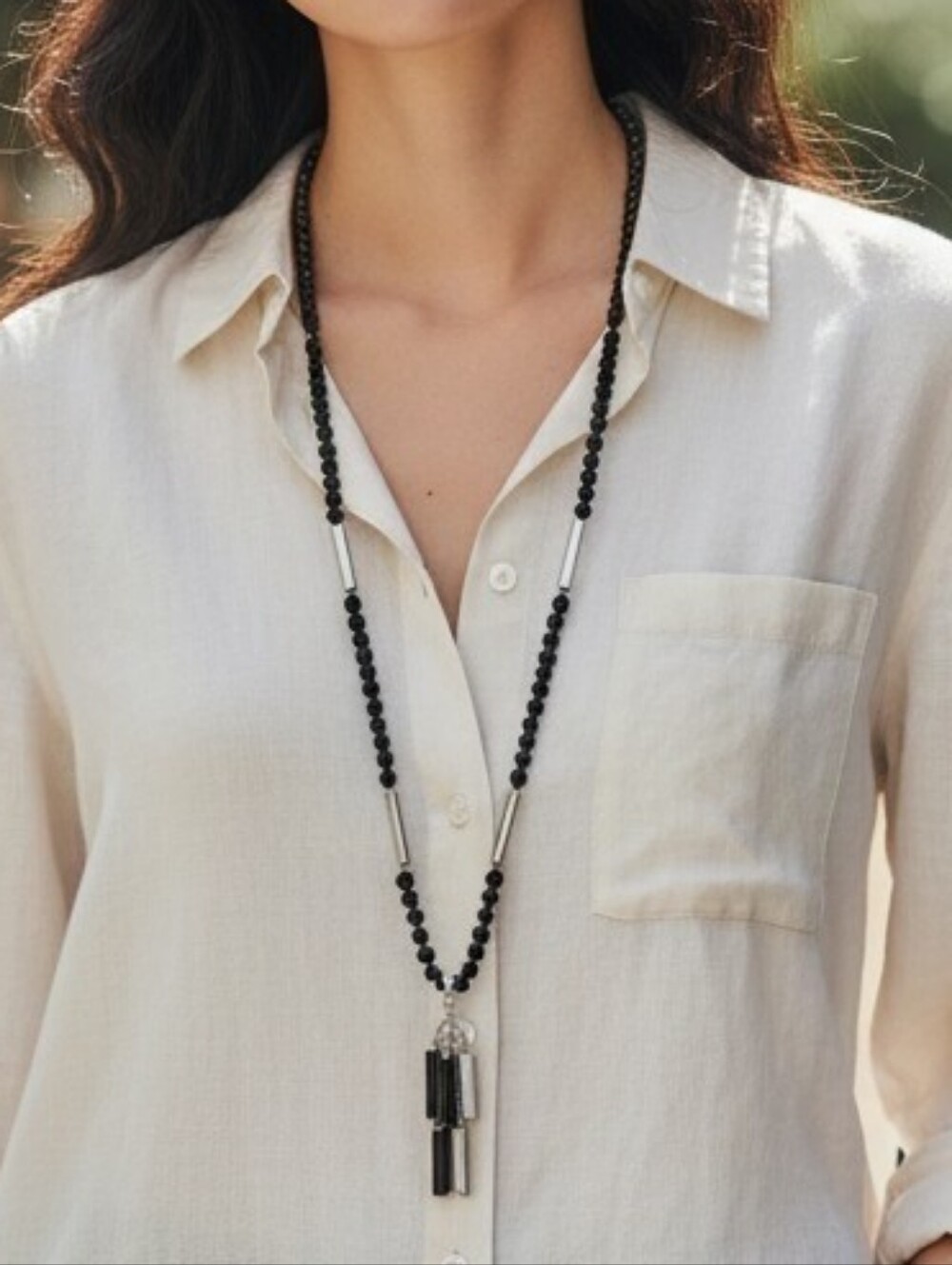 Monet Black Beaded Enamel Tassel Necklace